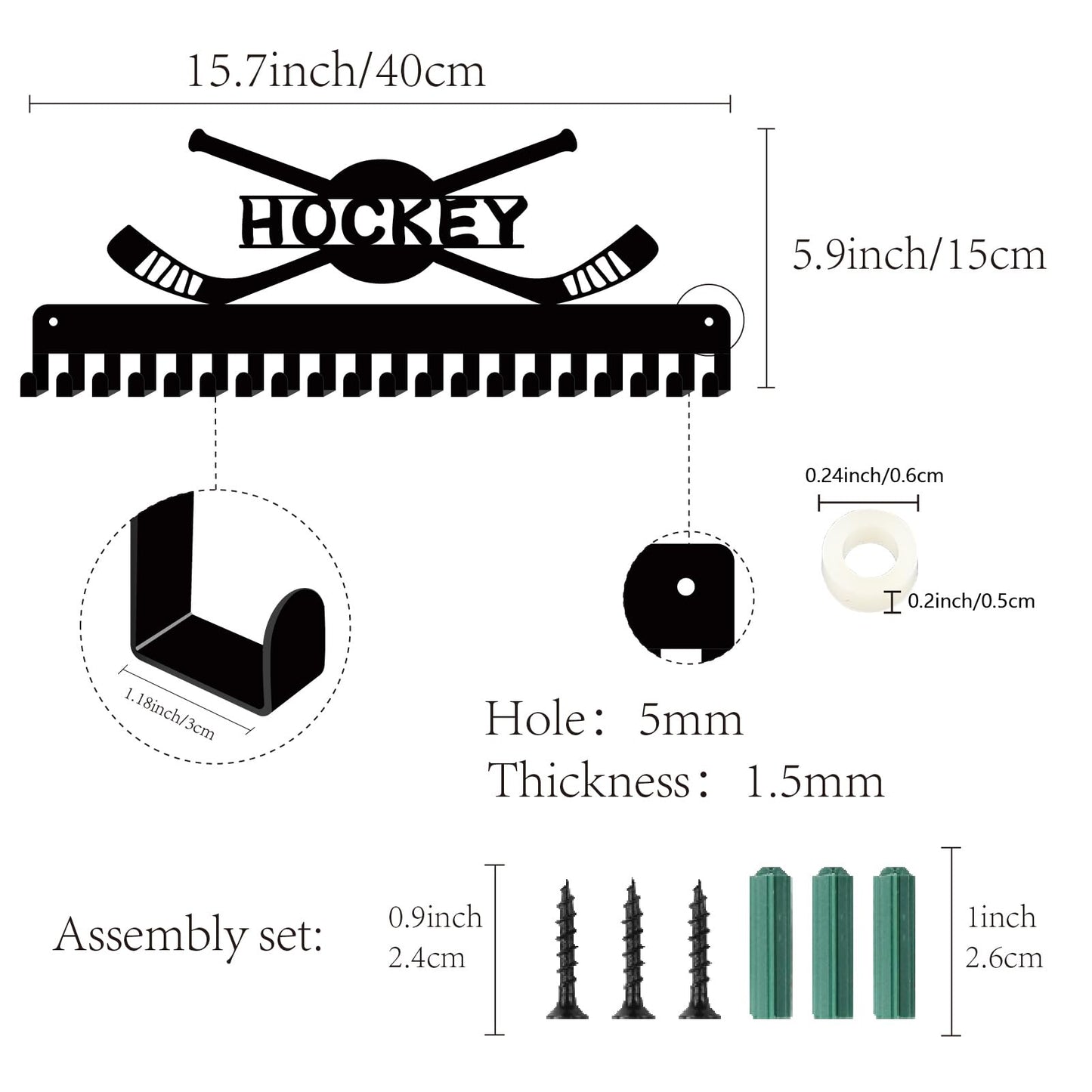 CREATCABIN Hockey Medal Holder Medal Hanger Display Hangers Rack Sports Metal Hanging Athlete Awards Iron Wall Mount Decor with 20 Hooks for Wall Competition Ribbon Hockey Black 15.7 x 5.9 Inch