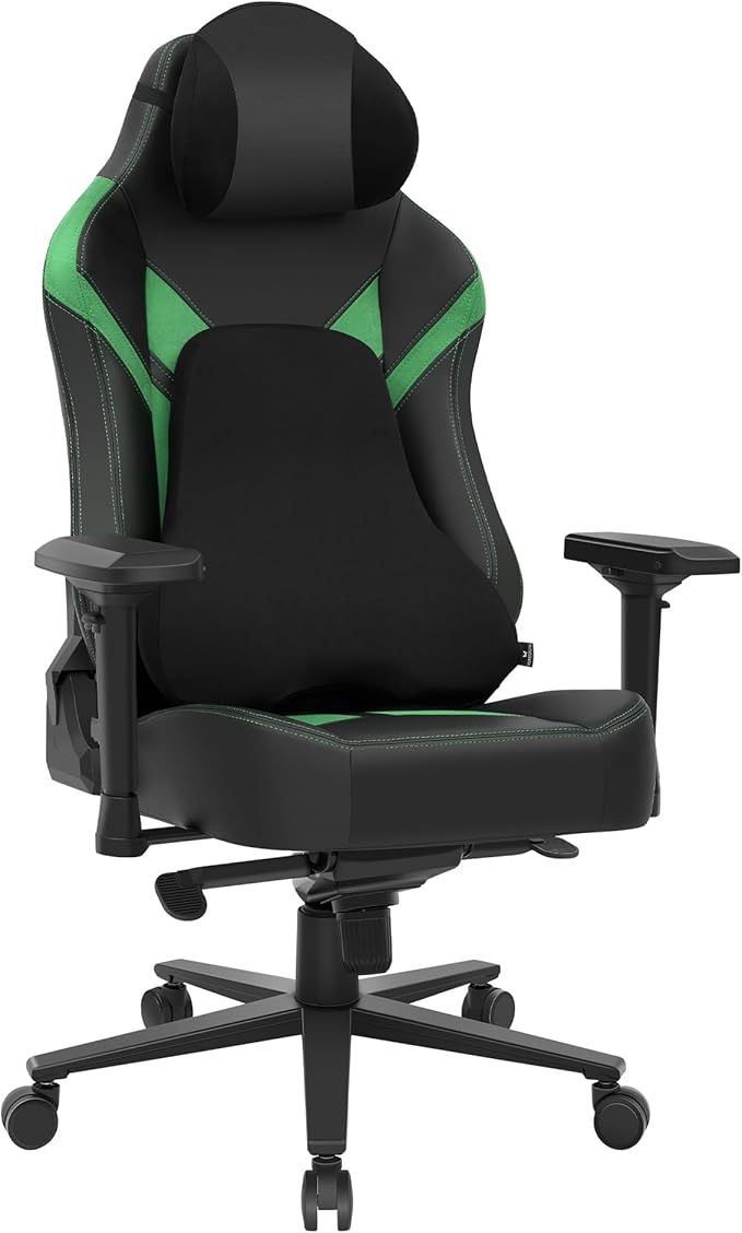 Ergonomic Gaming Chair, Wyrdforging Computer Desk Chairs, 4D Armrests, High Back Office Chair With Headrest & Lumbar Pillow, Tilt Rocker Recliner, Heavy-Duty Base, Black PU Leather & Green Suede Combo