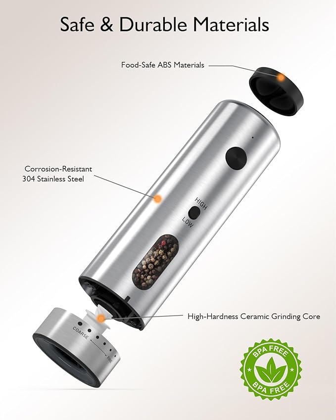 Electric Salt and Pepper Grinder Set, Upgraded 2-Speed Setting, External 6 Adjustable Coarseness, USB C Dual Rechargeable Base, All Stainless Steel Automatic Salt & Pepper Mill Shakers with LED Light