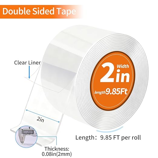 Double Sided Tape Heavy Duty Removable Nano Tape for Walls, Used for Carpet, Poster, Picture Hanging, Outdoor Multifunctional Mounting Tape (Clear, 2In x 9.85FT 1Pack)