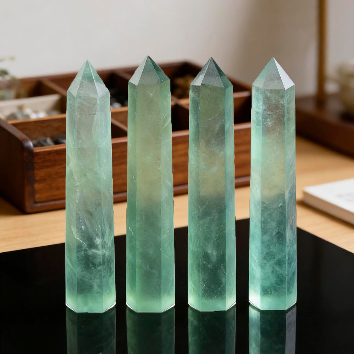 5.8-6.2 Inch Natural Green Fluorite Crystal Point 2Pcs Set, Single Terminated Hexagonal Prism Stone, Energy Protection Spiritual Awakening Crystal, Reiki Meditation Home Decor Ornament Gift