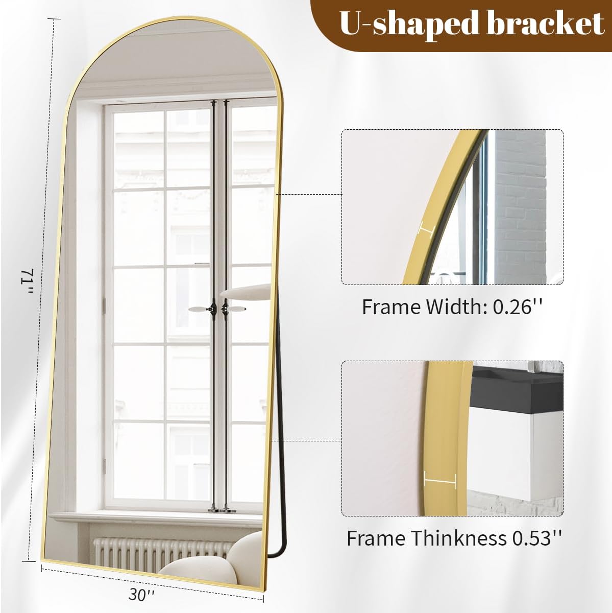 Koonmi 30"x71" Arched Full Length Mirror, Gold Large Floor Mirror with Aluminum Alloy Frame, Standing Hanging or Leaning Wall-Mounted Full Body Mirror for Living Room and Bedroom