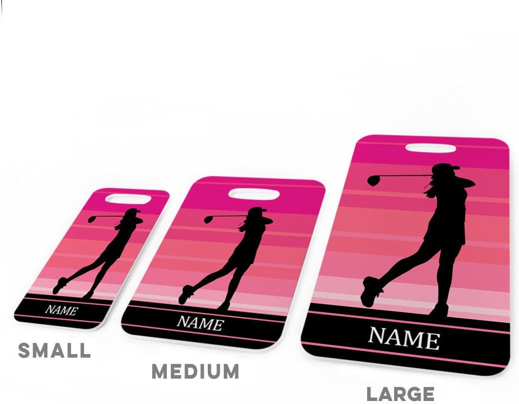 ChalkTalkSPORTS Golf Luggage & Bag Tag | Personalized Female Golfer | Standard Lines on Back | Medium | Pink