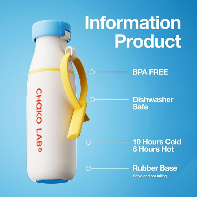 CHAKO LAB Insulated Stainless Steel Water Bottle with Two Strap | BPA-Free Leak Proof | 17oz Bottle with Spout Lid & Straw | Milk Pudding