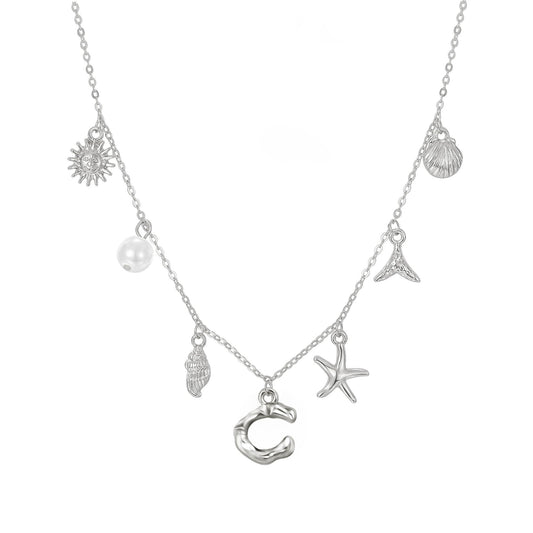 JALZEMPL Initial Charm Necklace For Women Seashell Shell Letter Boho Summer Beach Starfish 14k Gold Plated Silver Pendant Surfer Jewelry Gifts (C,Silver)