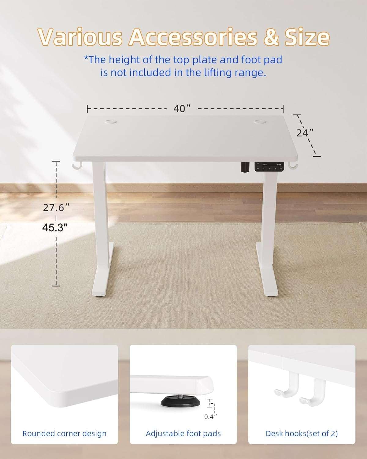 YIHAYO Electric Standing Desk, 40 x 24 Inches Stand Up Desk with Splice Board, Adjustable Height Desk, Computer Desk for Home Office, White Frame/White Top