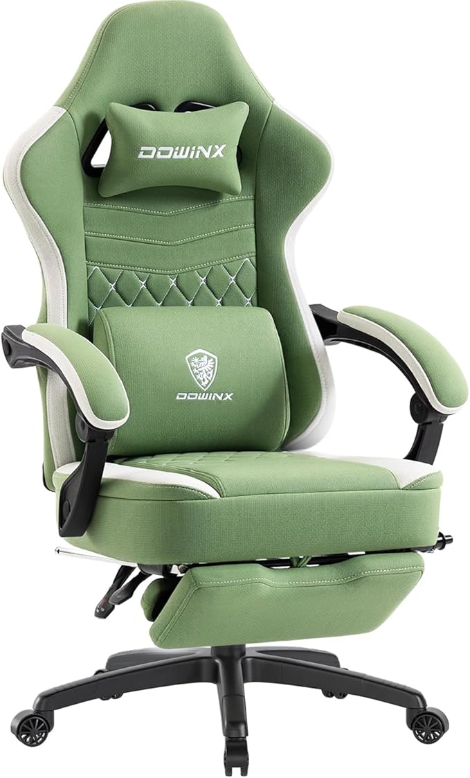 Dowinx Gaming Chair with Footrest, Breathable Fabric Gamer Chair with Gel Pad and Storage Bag, Ergonomic Office Chair with Lumbar Support for Home Task, Green