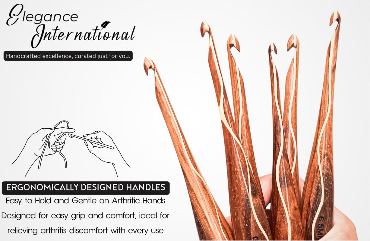 Rosewood Crochet Hooks Set - 7 Sizes 4mm to 10mm - Wooden Crochet Hooks with Comfortable Grip - - Ergonomic Design for Arthritic Hands - for Crocheting, Knitting - Gifts for Her(Set of 7)