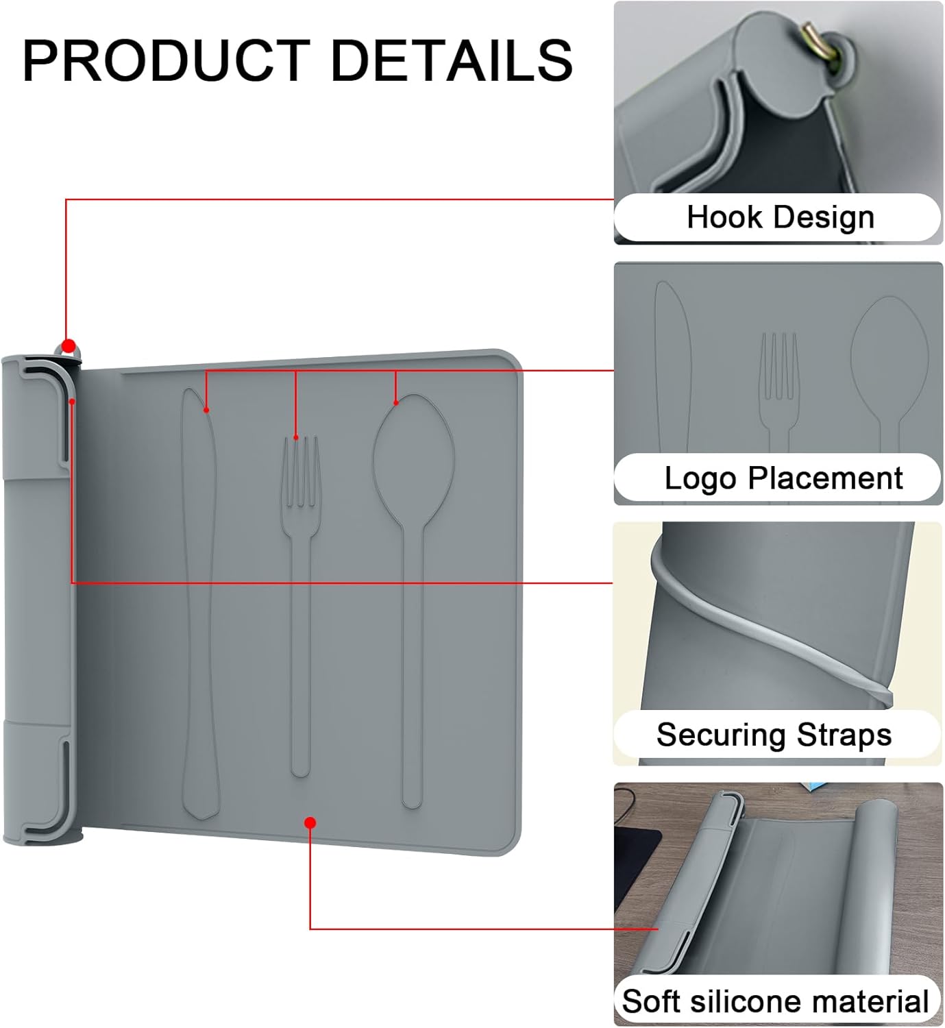 Utensil Box, Tableware Silicone Portable Box Silverware mat, Suitable for Kitchen Utensils, Portable Outdoor Camping Spoon Fork Utensils Storage mat (Gray)