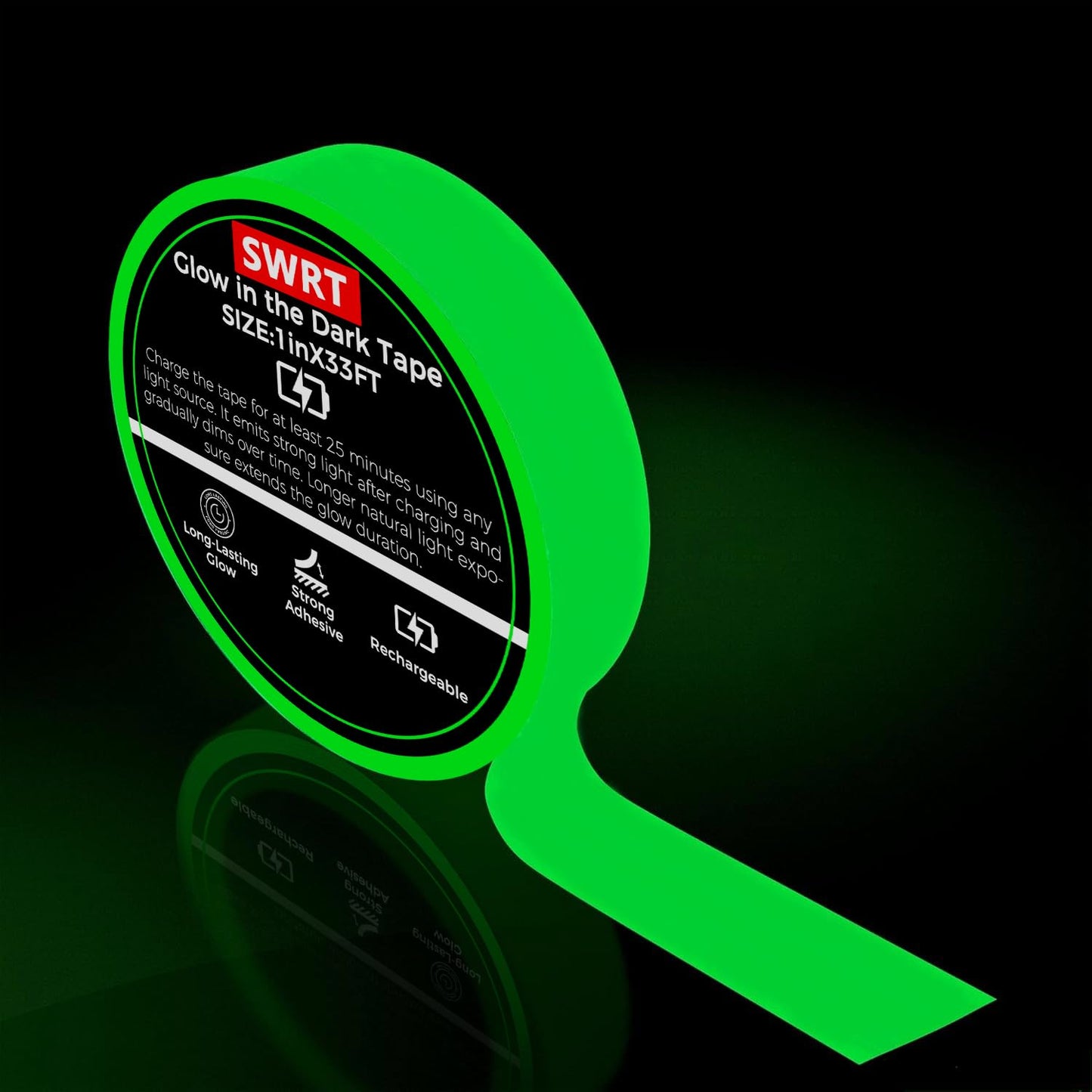 SWRT Glow in The Dark Tape 33FT x 1Inch, Long-Lasting Bright Fluorescent Glow Tape for Christmas Decor, Strong Adhesive Waterproof Glow in The Dark Stickers for Night Decorations, Stairs,Exit Sign