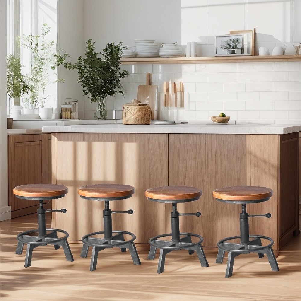Set of 2-Industrial Bar Stool-Counter Height Chairs- Swivel Wooden Seat- Adjustable 15.2-21"