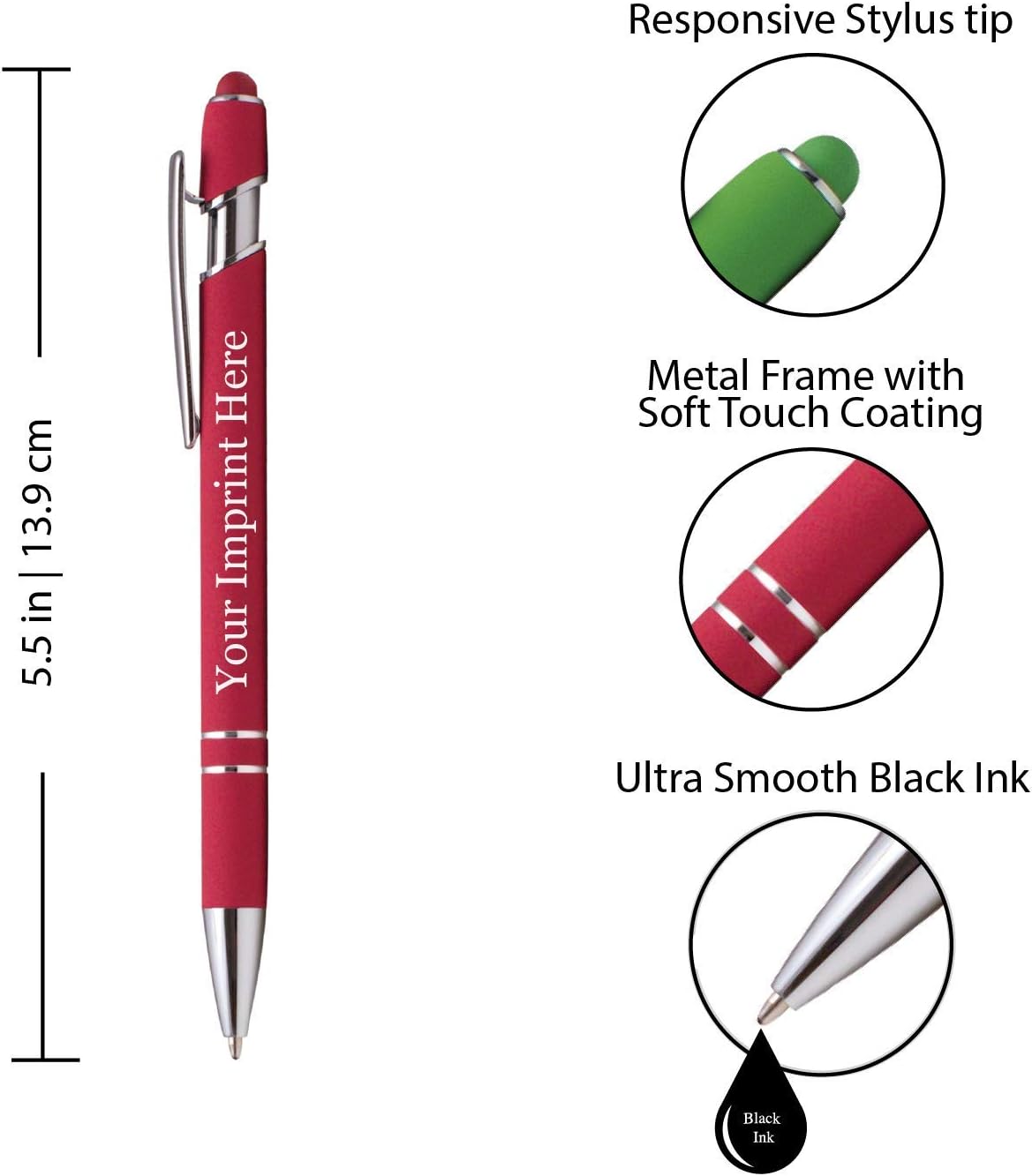 ExpressDesigns™ - Premium Custom Pens with Stylus | Burst of Color | Personalized Soft-Touch Metal Printed Name Pens w/Black Ink - Imprinted w/Logo or Message - 12 pcs/pack (Red)