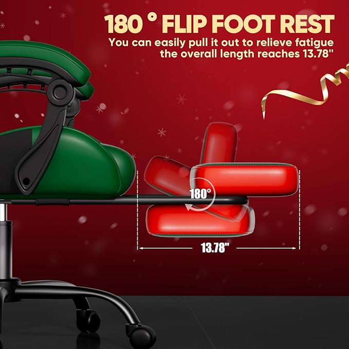 Gaming Chair, Lumbar Support Massage Computer Chair, High Back Gamer Chair, with Footrest and Headrest, Lumbar Pillow, Recline, Wide Seat, Gaming Chairs for Christmas/Birthday Gifts, Green