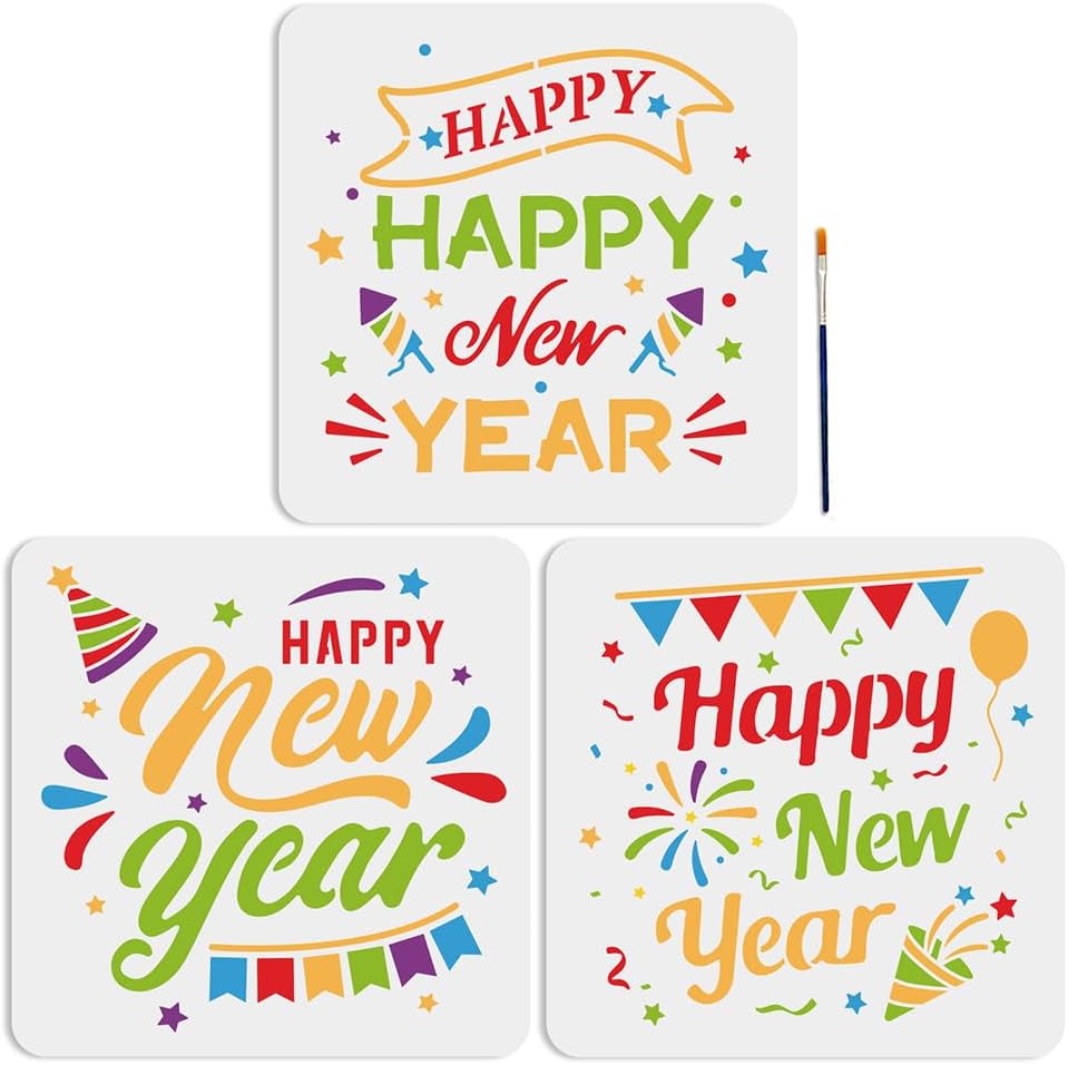 MAYJOYDIY 3pcs Happy New Year Stencil Template 11.8×11.8inch Reusable New Year Star Fireworks Decorative Flag Pattern Template with Paint Brush for Arts Crafts Home Decor Wood Wall Fabric
