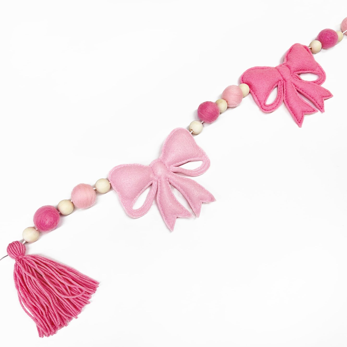 Pink Bow Decorations Pre-Strung Felt Handmade Bow Banner Wool Felt Ball Wooden Bead Bow Garland Streamer for Nursery Classroom Home Mantle Fireplace Decor Baby Shower Coquette Birthday Party Supplies