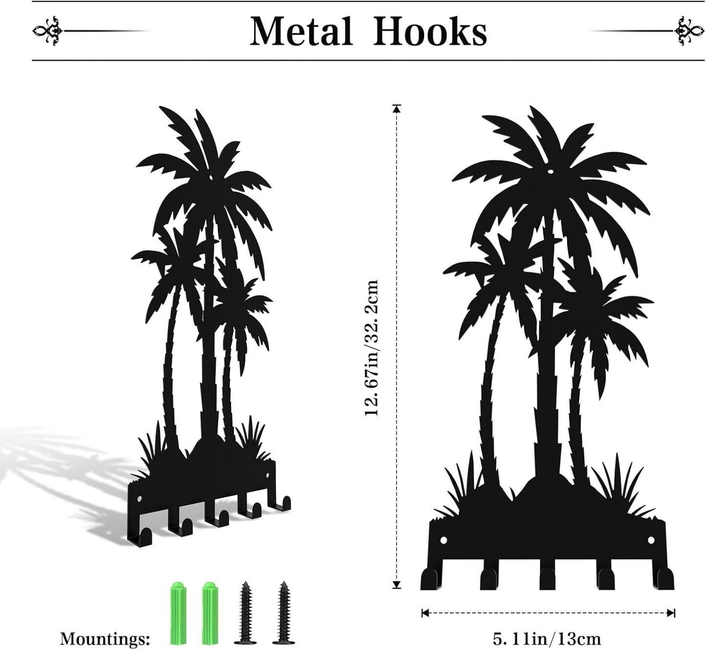 Black Metal Key Holder for Wall,Coconut Trees Key Hooks Wall Mount Whith 5 Hooks,Tropical Style Key Hanger Wall Decor for Front Door,Hallway,Entryway,Office