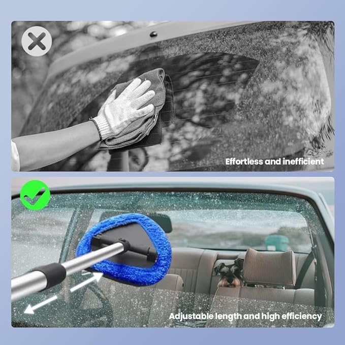Car Windshield Cleaning Tool Set, Interior Exterior Auto Glass Cleaner Kit with Extendable Handle and 4 Reusable Microfiber Pads for Cars Trucks and Home (Orange)