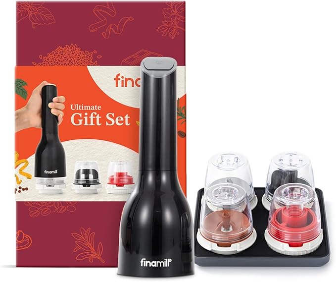 FinaMill Ultimate Gift Set – Battery Operated Spice Mill with 4 Interchangeable Spice Pods & Slate Quartet Stackable Tray, Adjustable Coarseness, Ceramic Grinder, LED Light, Kitchen Gifts for Women