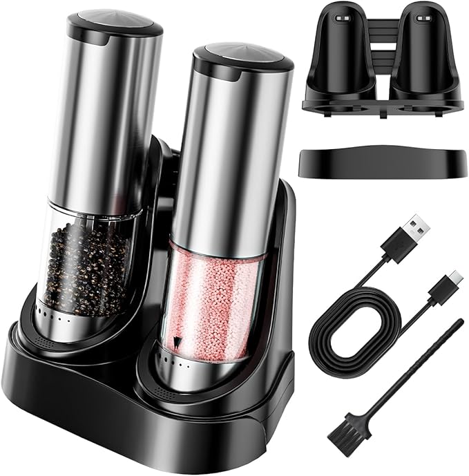 Electric Salt and Pepper Grinder Set | 6-Grind Settings & Top Anti-Misoperation Design | Electric Salt and Pepper Shakers with Detachable Base & Visual Container | for Kitchen, BBQ etc