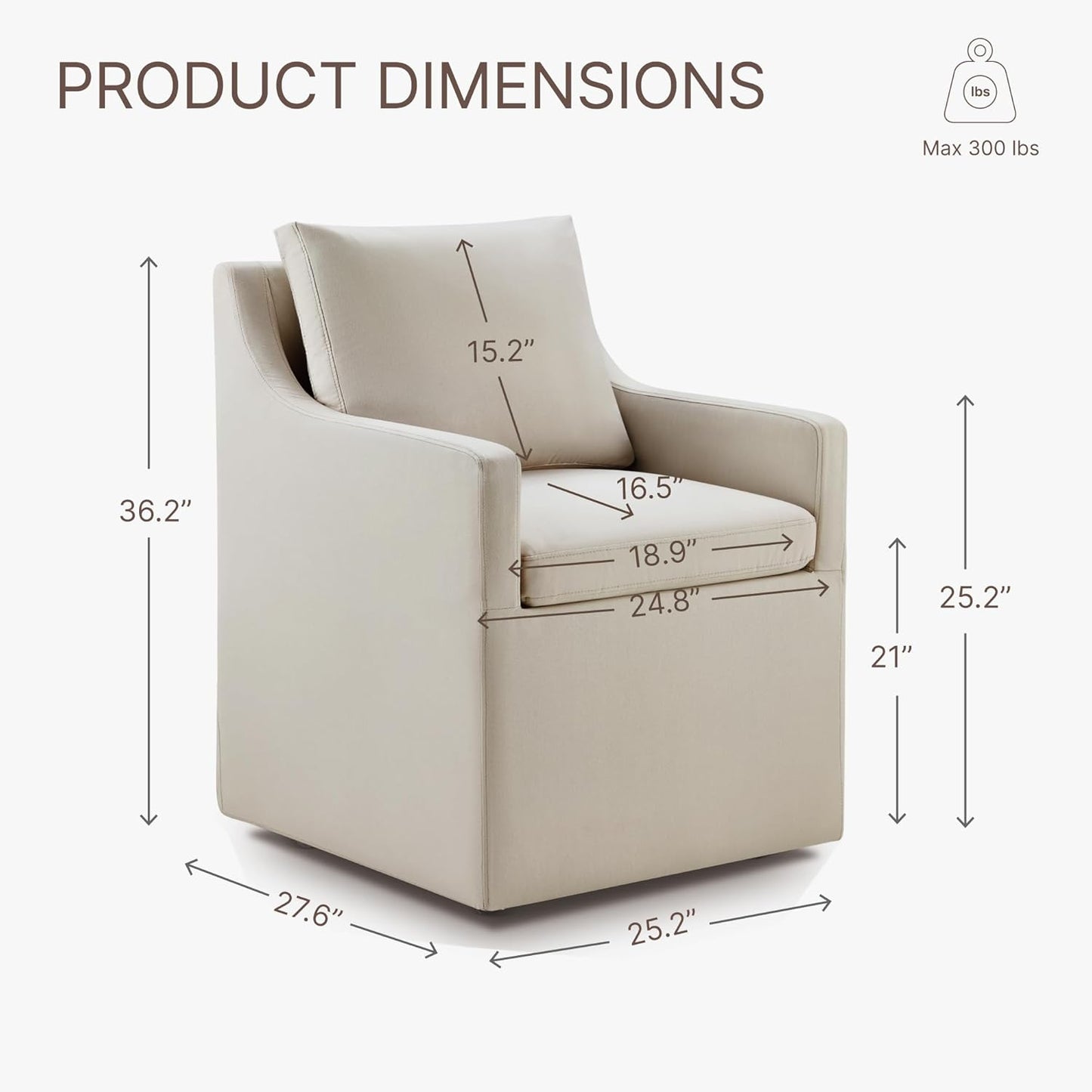 Upholstered Dining Chairs with Casters Washable Cover Side Deskchair with Rollers for Diningroom, Living Room, Flax Beige, 4 Box