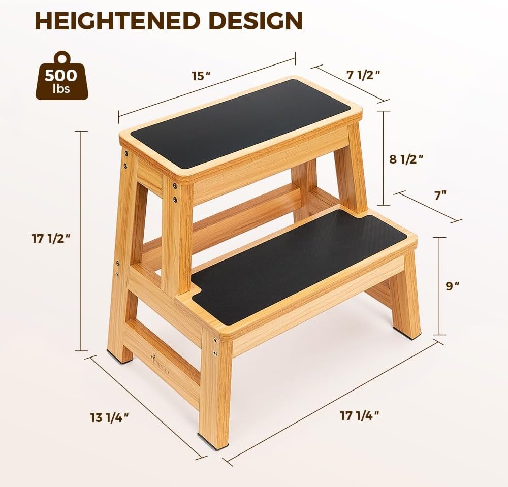 StrongTek Wood Step Stool for Adults and Kids, 17 Inch Tall, Non-Slip Step Surface, Heavy Duty, Two Step for Kitchen, Bed, Bathroom, 500 lbs Capacity