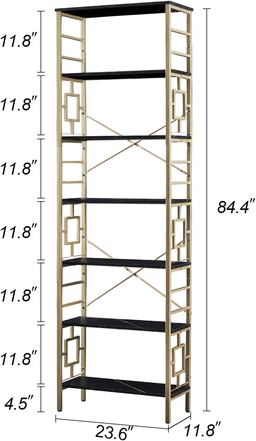 HOMISSUE Bookcase,7-Tier Tall Bookshelf Metal Bookcase and Bookshelves, Free Standing Storage Modern Bookshelf for Home Office Living Room and Bedroom, Black & Gold