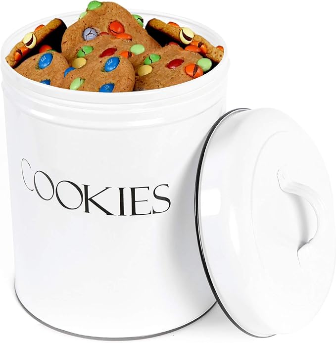 OUTSHINE White Cookie Jar with Airtight Lids | Vintage | Kitchen Counter Decorative Farmhouse Countertop Metal Treat Container | Best Cookie Tin for Gift Giving