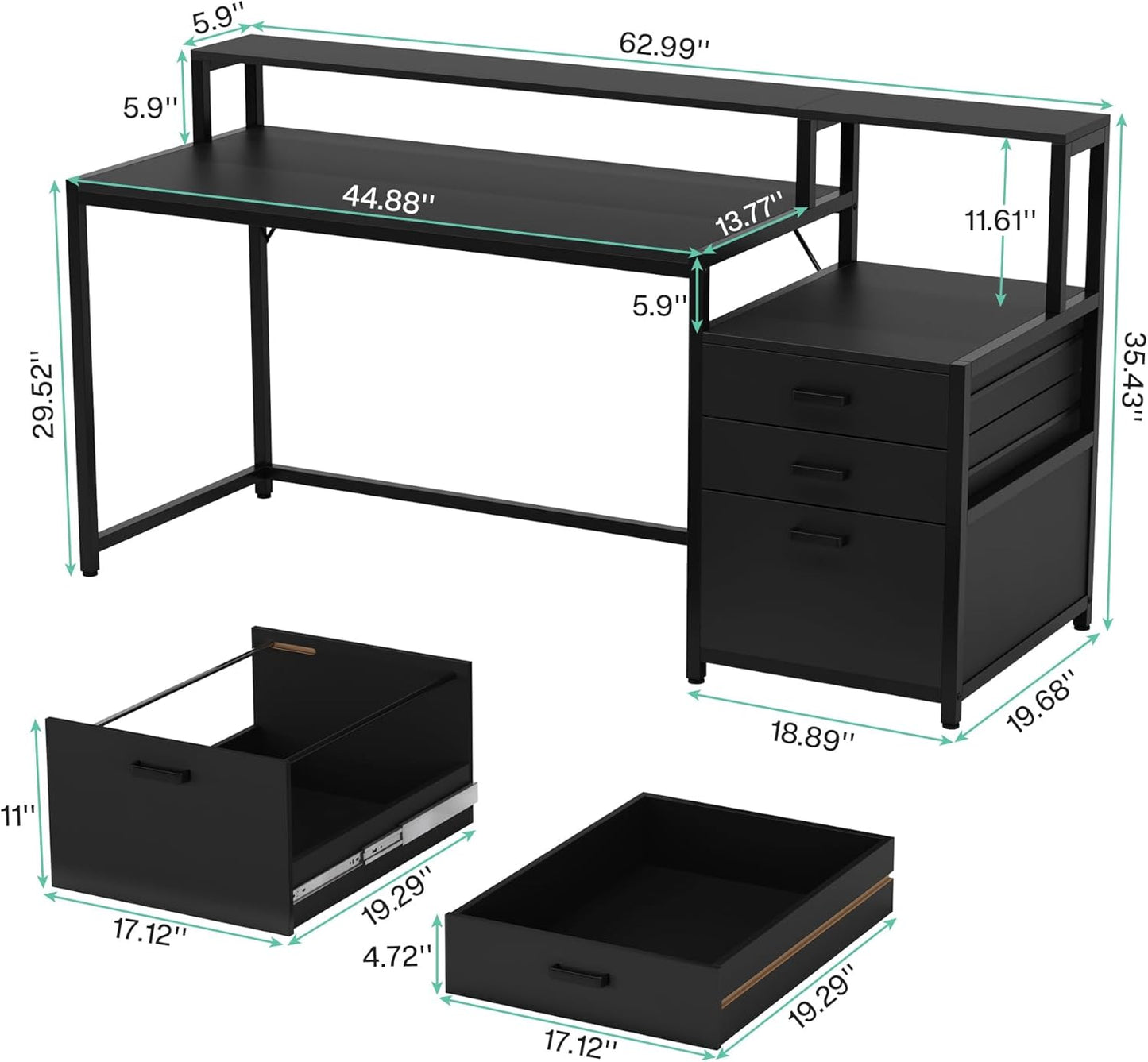 Tribesigns 63 Inch Computer Desk with File Drawer Cabinet, Ergonomic Office Desk with Monitor Stand, Industrial Computer Table with Printer Space, Wood PC Table Workstation Desks for Home Office