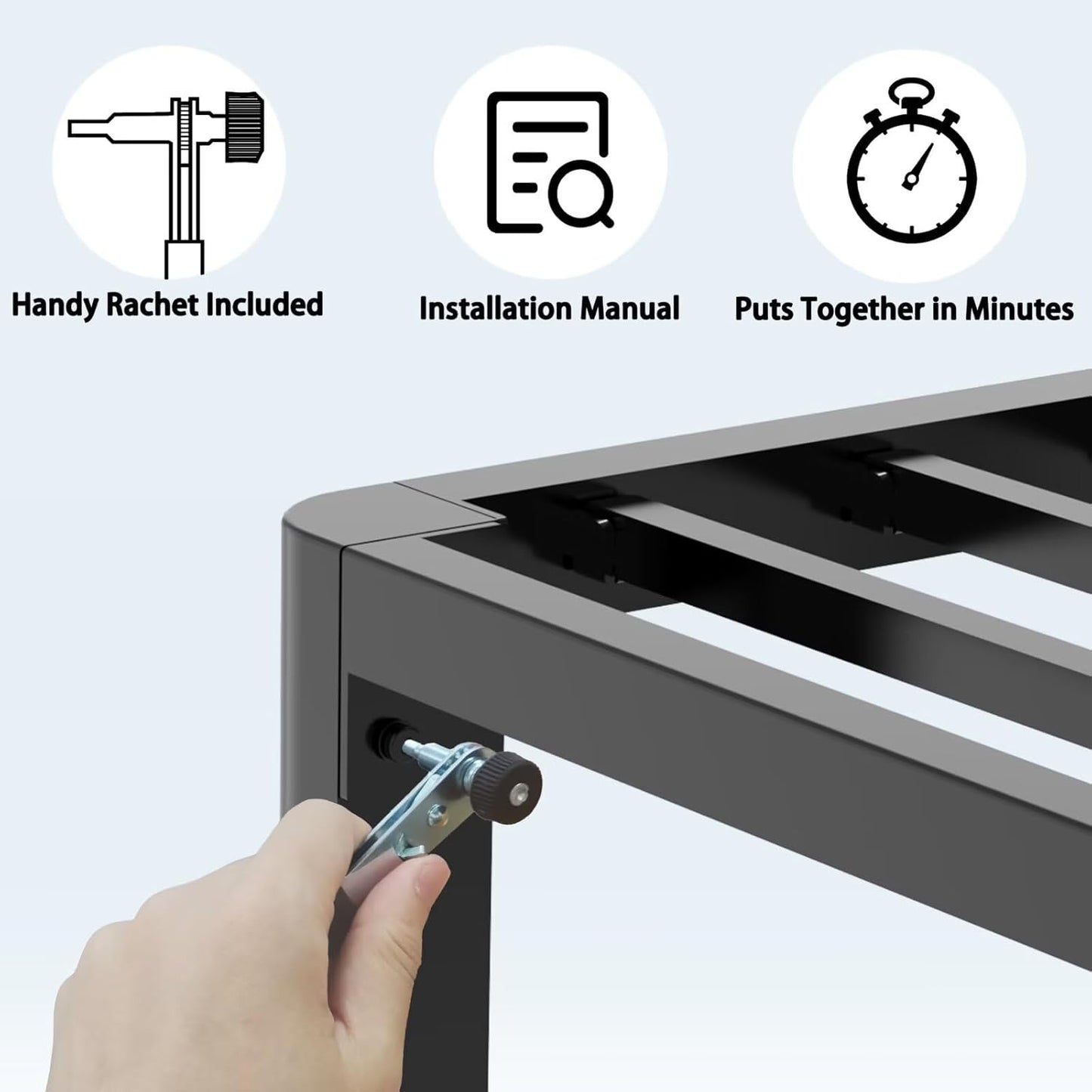 18 Inch California King Bed Frame with Rounded Corner and Headboard Hole Mattress Retainers 3500 LBS Metal Heavy Duty Steel Slats Support No Box Spring Needed Platform Noise Free Easy Assembly