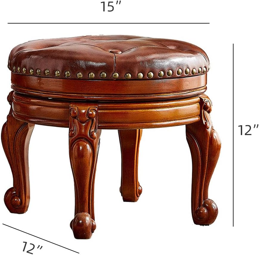Solid Wood Foot Stool Round Ottoman Mid-Century Footrest Sofa Stool with Microfiber Leather Cushion for Living Room, Bedroom, Entryway (Brown)