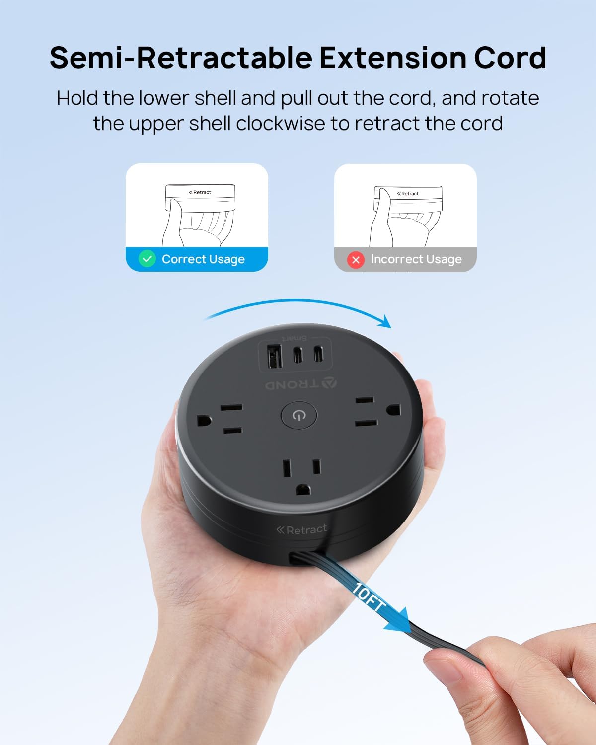 TROND Power Strip Flat Plug - Extension Cord 10FT Semi-Retractable, Power Strip with 3 AC Outlets 3 USB Ports (2 USB C), Ultra Thin Flat Plug, Cruise Ship Essentials, for Home, Hotel, Office