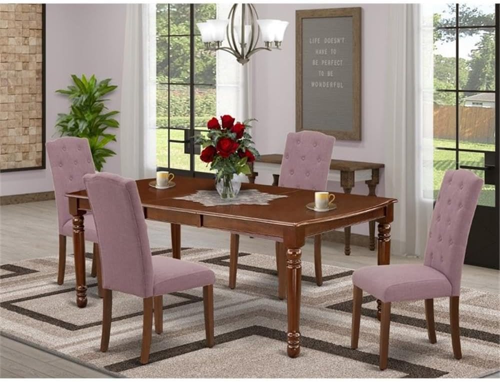 East West Furniture DOCE5-MAH-10 5 Piece Kitchen Table Set for 4 Includes a Rectangle Dining Room Table with Butterfly Leaf and 4 Dahlia Linen Fabric Parsons Chairs, 42x78 Inch, Mahogany