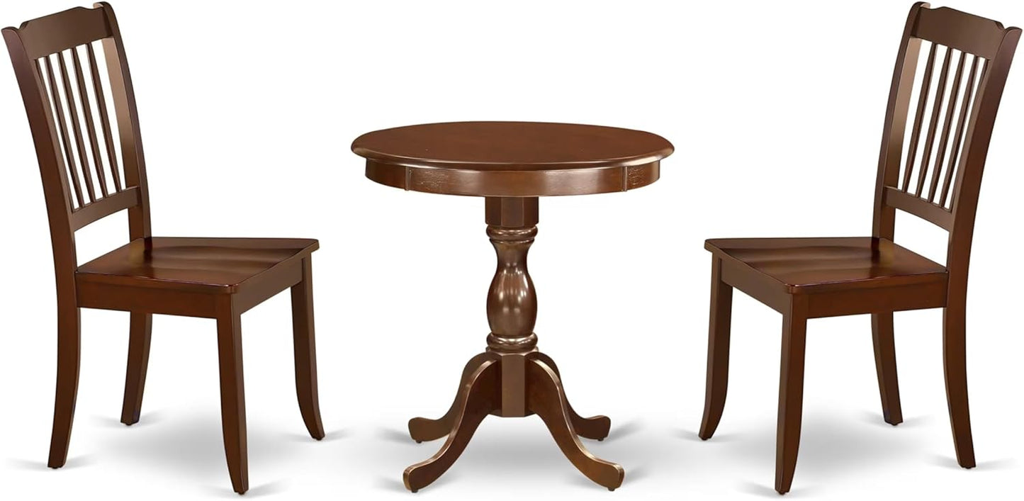 East West Furniture ESDA3-MAH-W 3 Piece Modern Dining Table Set Contains a Round Wooden Table with Pedestal and 2 Dining Room Chairs, 30x30 Inch, Mahogany