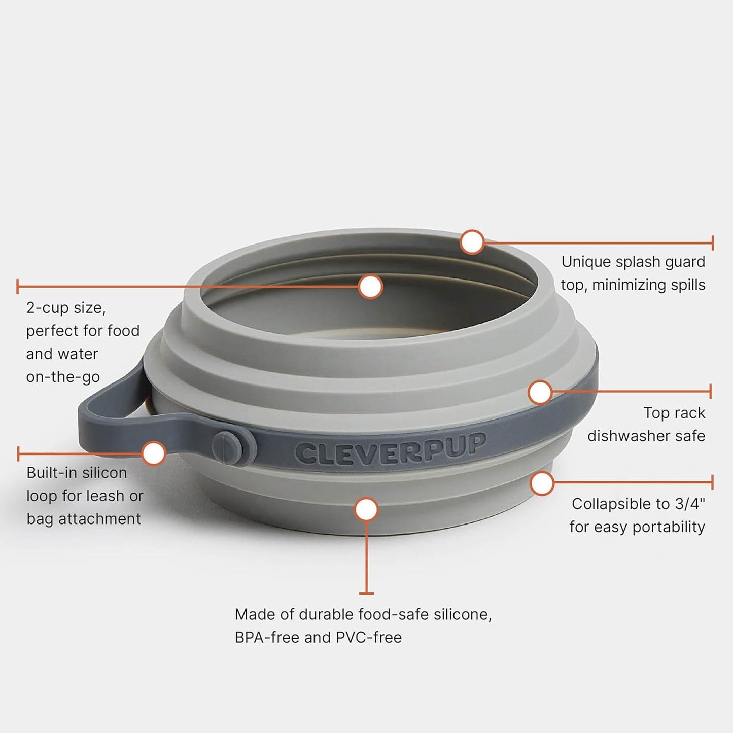 Nomad Small Collapsible Dog Bowl - 2 Cup Food-Safe Silicone Travel Bowl for Dogs, Portable & Sturdy, Food/Water, Dishwasher Safe - Grey