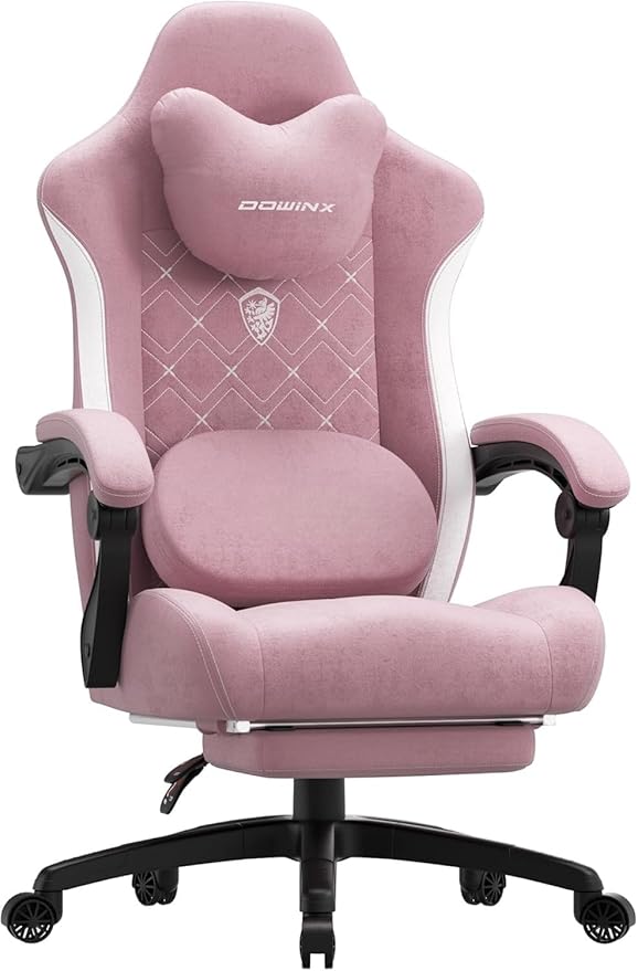 Dowinx Gaming Chair with Heated Massage Lumbar Support,Big and Tall Fabric Gaming Chairs for Adults with Footrest, Ergonomic Computer Game Chair with Poket Spring Cushions, 350lbs, Pink
