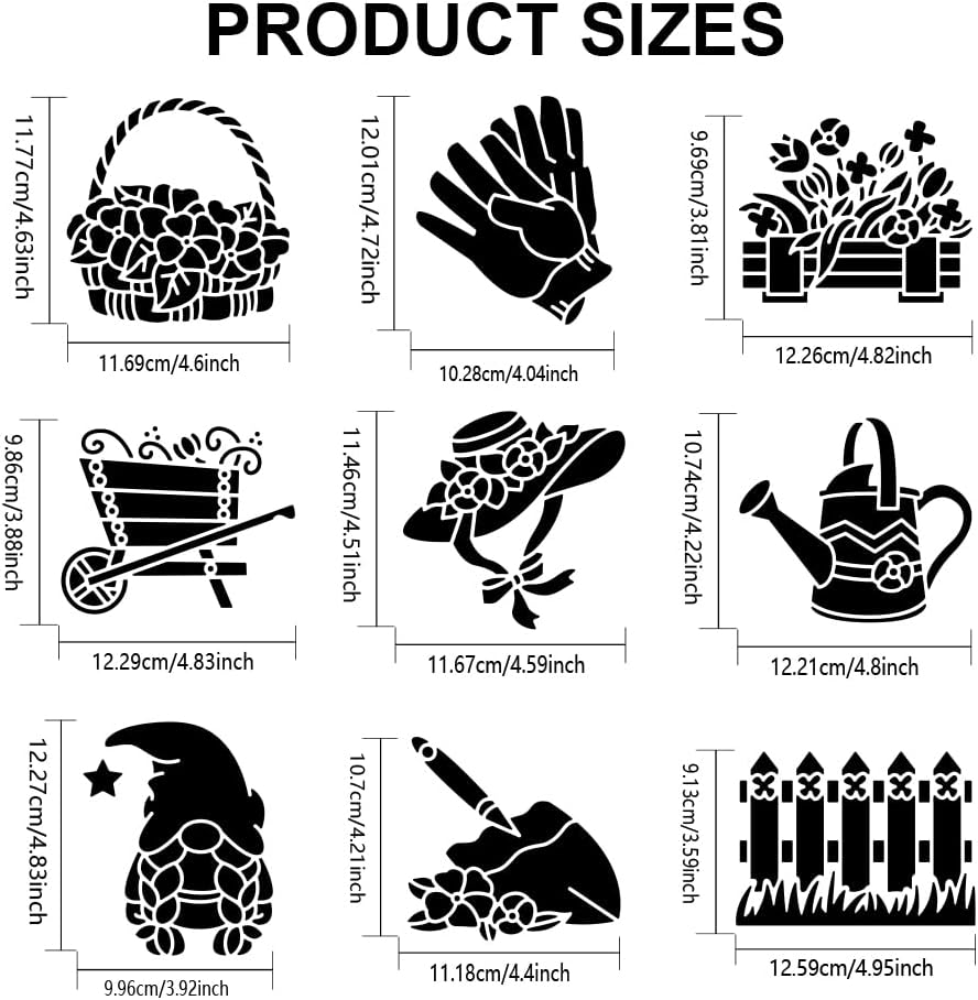 MAYJOYDIY 9pcs Garden Stencils for Painting 6×6inch Wildflower Gnome Stencil with Paint Brush Flower Basket Plant Hat Watering Pot Shovel Template for Crafts Wood Wall Fabric Paper Wall Furniture