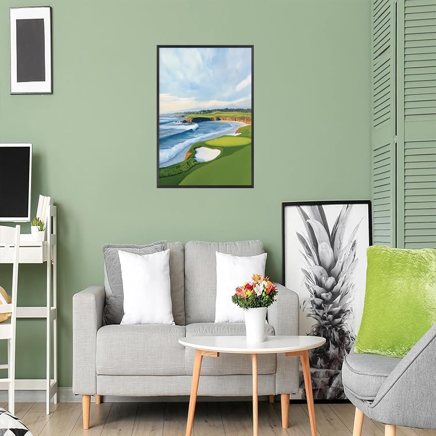 Coastal Golf Course Poster Summer Golf Landscape Wall Art Trendy Sporty Aesthetic Illustration Prints Painting For Living Room Bedroom Office Wall Decor 12x16in Framed