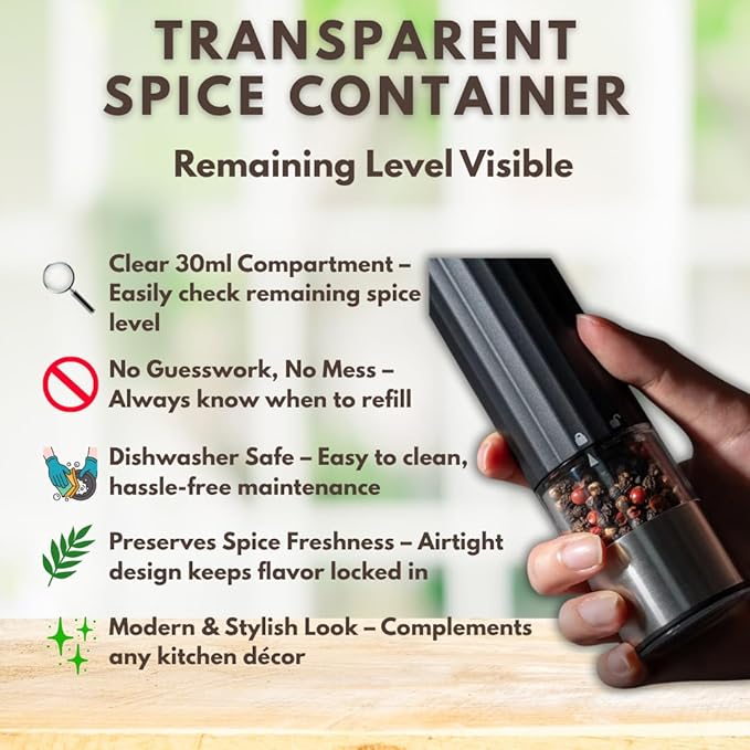 Rechargeable Electric Salt and Pepper, Automatic shaker Grinder Mill, LED Light, One-Hand Operation, Adjustable Coarseness, USB-C Charging, ABS & Stainless Steel, Stand Included.
