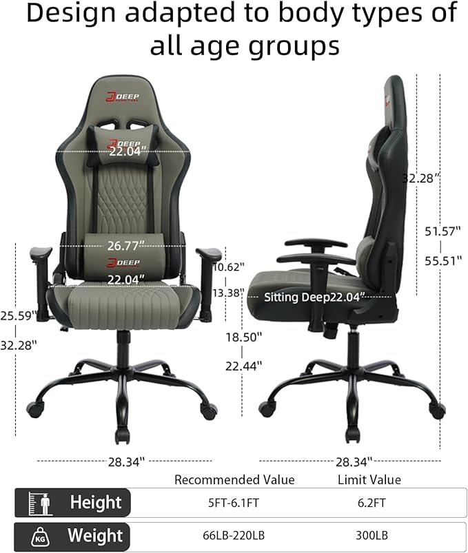 Video Game Chair Ergonomic Comfortable Gaming Office Chair Height-Adjustable with a 360° Swivel Base and Headrest(1002-Grey)
