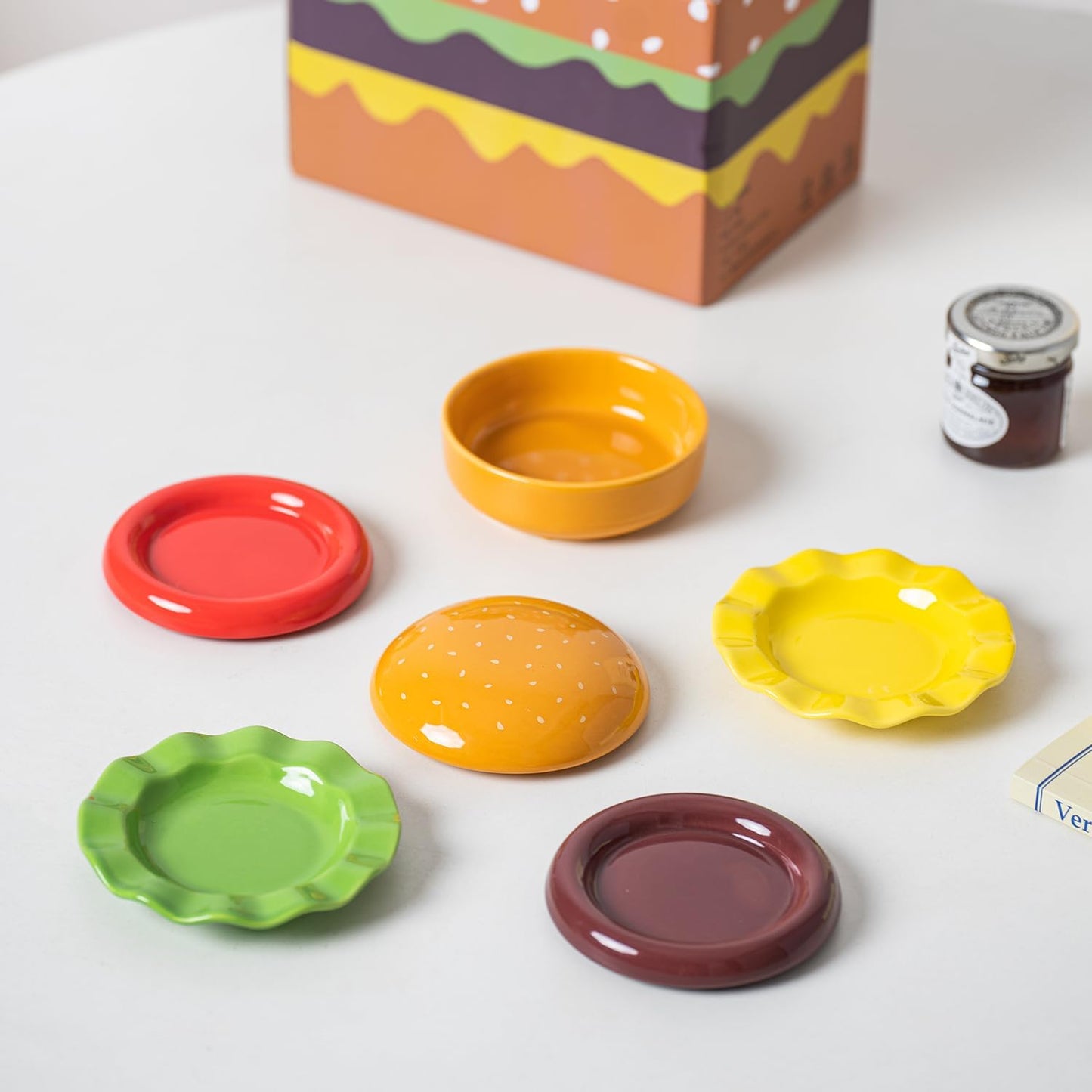 Mini Ceramic Sauce Plates Sets (6 Pieces), Cute Hamburg Style Dessert Plates & Snack Bowls with Lid Sets. Novel Tableware Gift.
