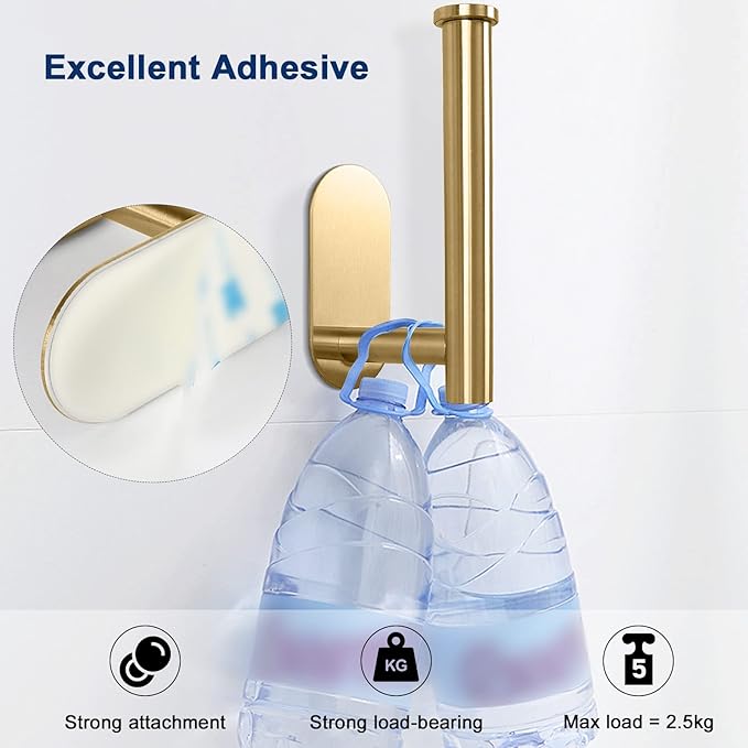 NearMoon Toilet Paper Holder Self Adhesive, Premium Thicken SUS304 Stainless Steel Rustproof Adhesive Toilet Roll Holder no Drilling for Bathroom, Kitchen, Washroom (2 Pack, Brushed Gold)