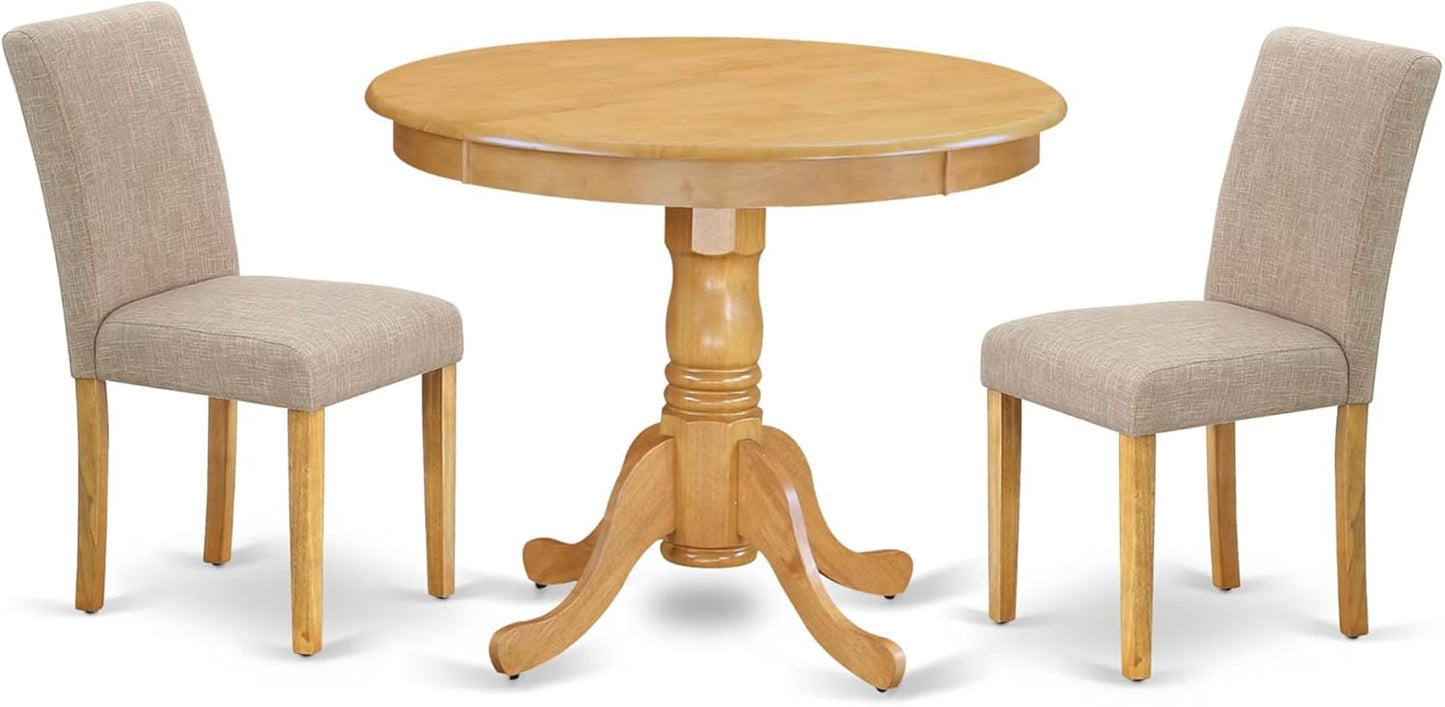 East West Furniture ANAB3-OAK-04 3 Piece Dinette Set for Small Spaces Contains a Round Dining Table with Pedestal and 2 Light Tan Linen Fabric Upholstered Chairs, 36x36 Inch, Oak