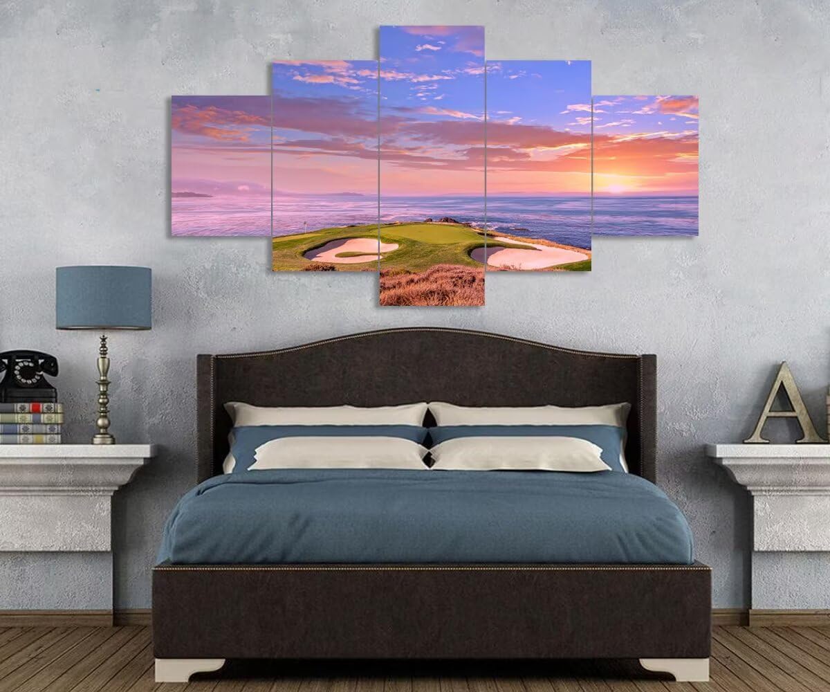 chenchenArt Pebble Beach Golf Course Hole 7 Wall Art for Living Room Bedroom Bathroom Home Decorations Monterey California USA Golf Course Pictures Canvas Prints Framed Ready to Hang(60''W x 32''H)