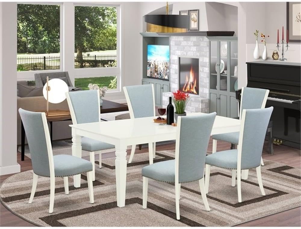 East West Furniture LGVE7-LWH-15 7 Piece Kitchen Table & Chairs Set Consist of a Rectangle Butterfly Leaf Dining Table and 6 Baby Blue Linen Fabric Parson Chairs, 42x84 Inch, Linen White