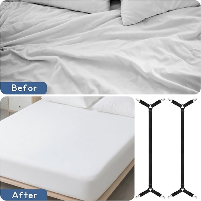 CHRORINE Bed Sheet Holder Straps Adjustable Sheet Fasteners Clips Keep Bedding Stays in Place, 2 Pcs/Set, Black