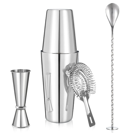 Professional Cocktail Shaker, Professional 5-Piece Bartender Kit with Boston Shaker, Hawthorne Strainer, Double Measuring Cocktail Jigger, and 10-inch Mixing Spoon, Stainless Steel Martini Shakers