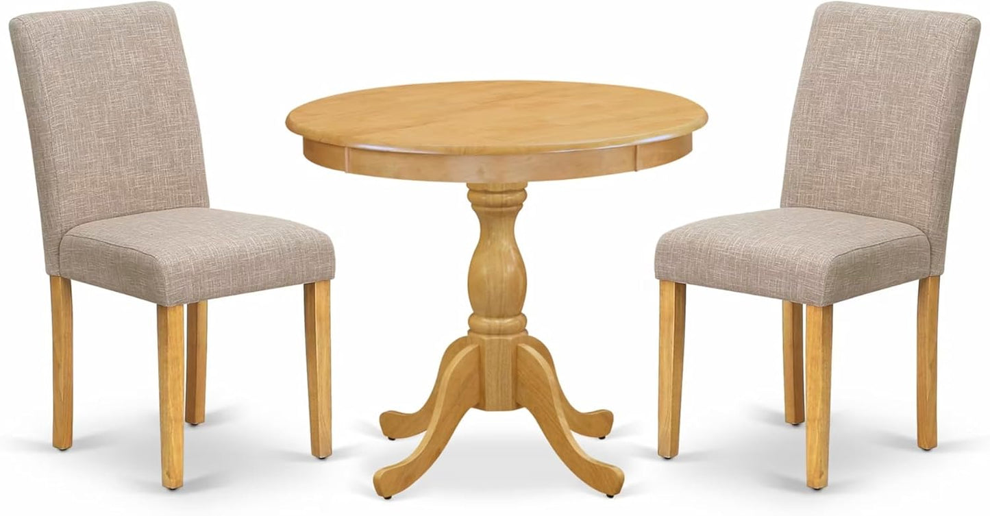 East West Furniture AMAB3-OAK-04 3 Piece Dining Set Contains a Round Kitchen Table with Pedestal and 2 Light Tan Linen Fabric Parson Dining Room Chairs, 36x36 Inch, Oak
