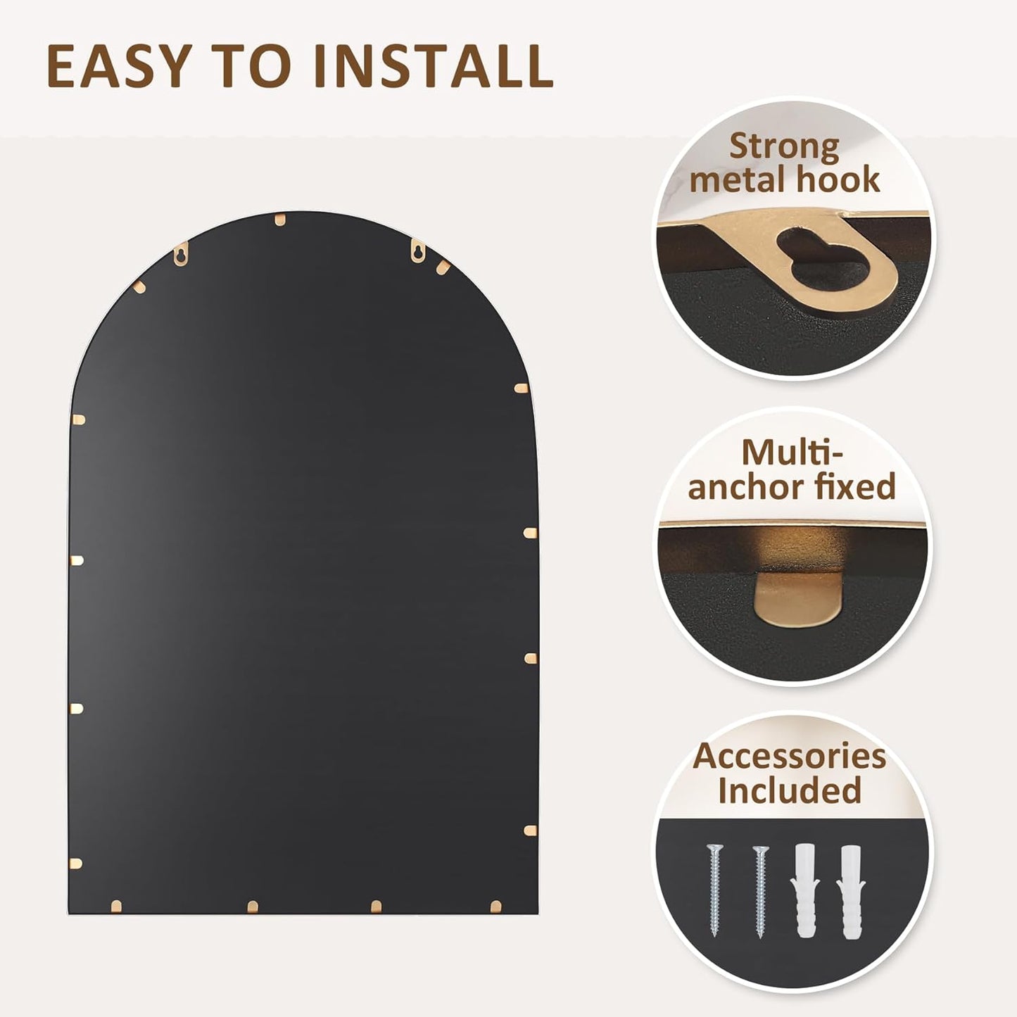 Antique Gold 24"x36" Arched Wall Mirror with Metal Beaded Frame - Decorative Accent Wall Mirror for Bathroom, Bedroom, Living Room, Entryway