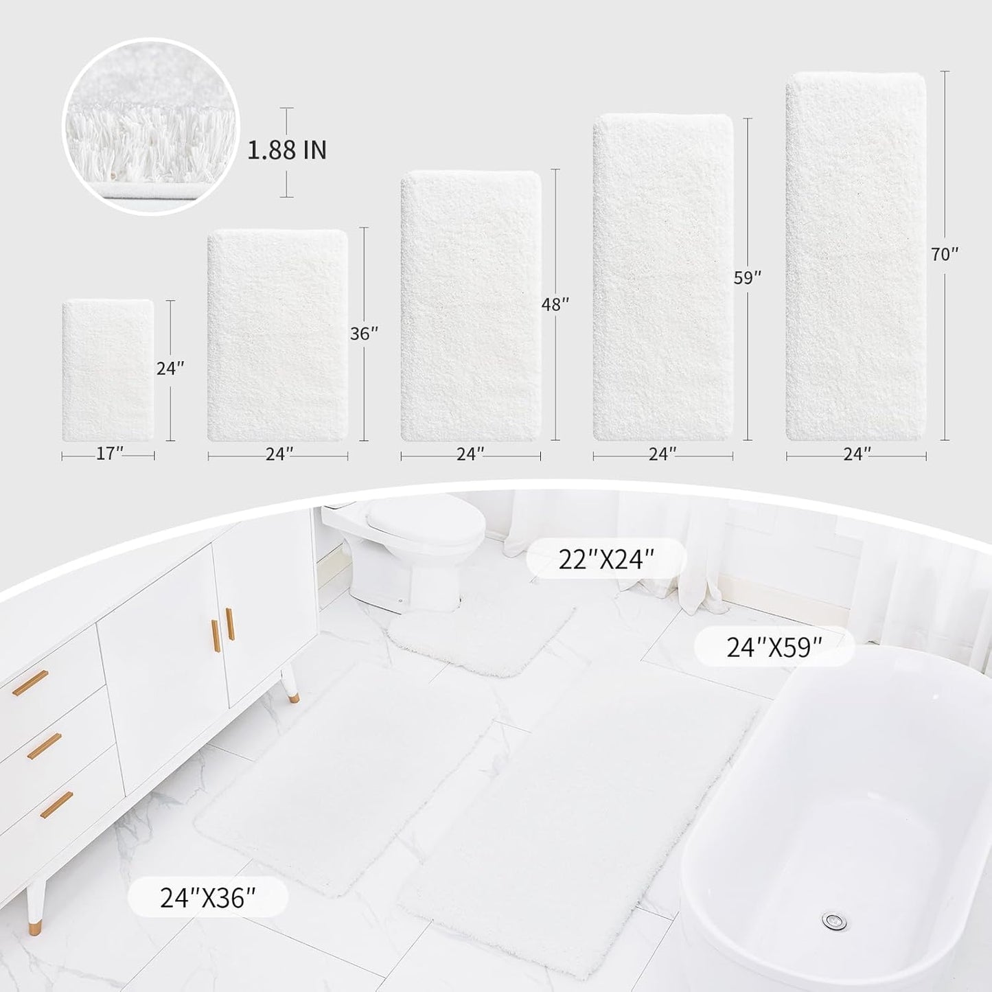 White Bathroom Rugs 24x36 Non Slip Fluffy Bath Mat for Bathroom Floor Washable Plush Luxury Bath Rug for Tub Soft Shaggy Absorbent Shower Sink Mat