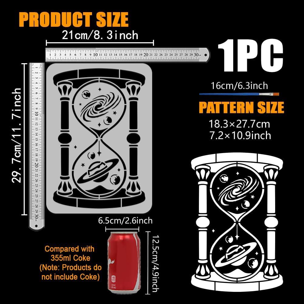 FINGERINSPIRE Planets Hourglasses Painting Stencil with Brush 8.3x11.7inch Plastic PET Sand Stars Pattern Drawing Template Decorative Hollowed Science Theme Stencil for Painting on Wood Canvas